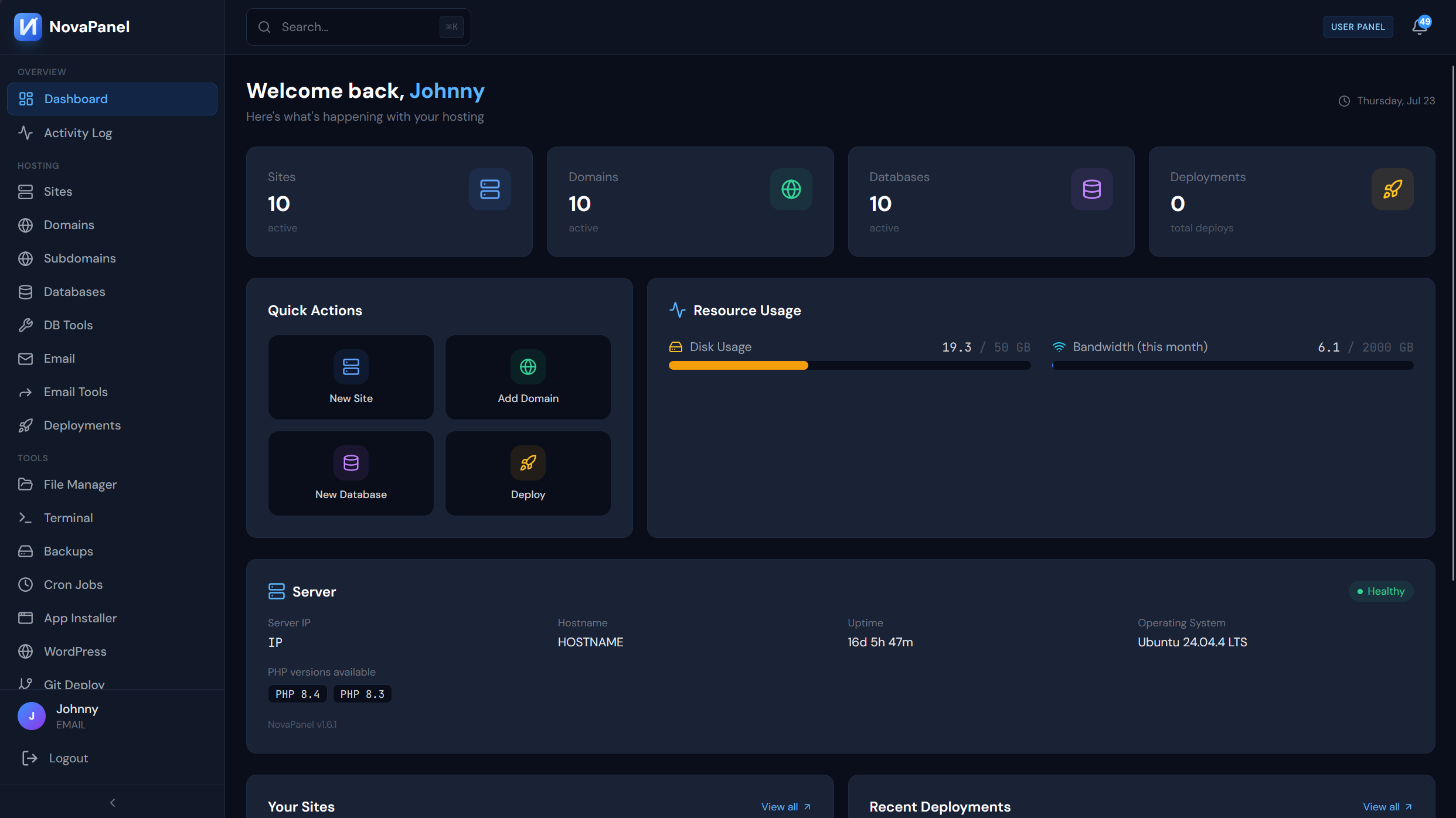 NovaPanel customer panel dashboard — sites, resource usage bars, quick actions, and server info